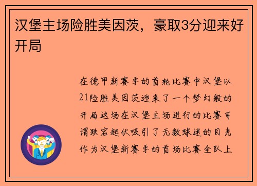汉堡主场险胜美因茨，豪取3分迎来好开局