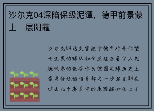 沙尔克04深陷保级泥潭，德甲前景蒙上一层阴霾